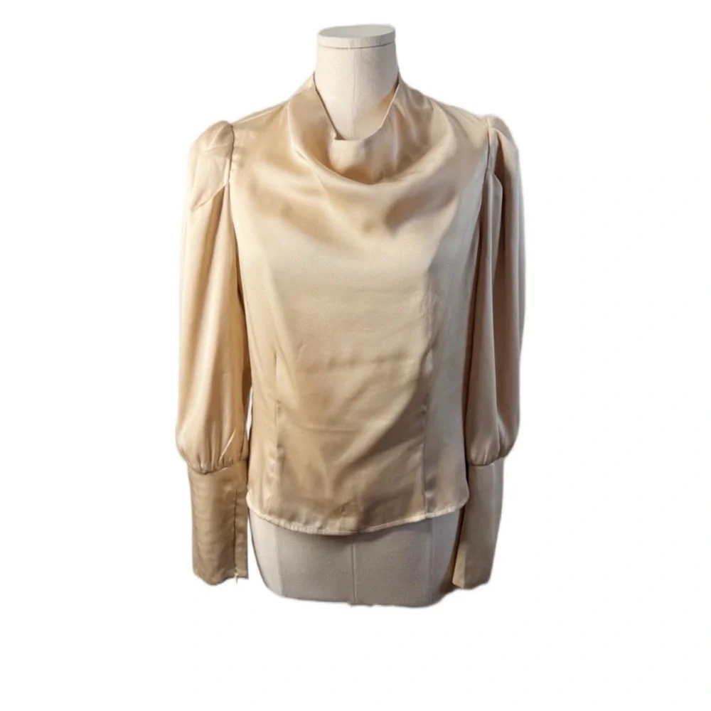 Astr Gold Satin Blouse Size Large Elegant Cowl Neck Puff Sleeve Top Luxe